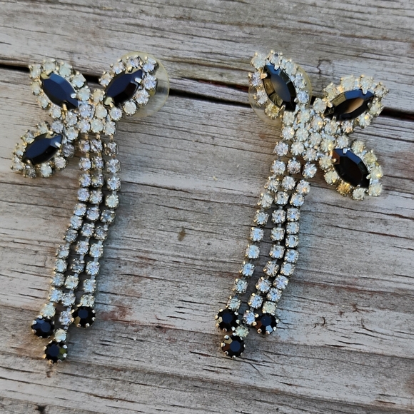 Art Deco Cocktail Rhinestone Earrings Black & Clear Dangled Pageant RARE - Picture 10 of 10